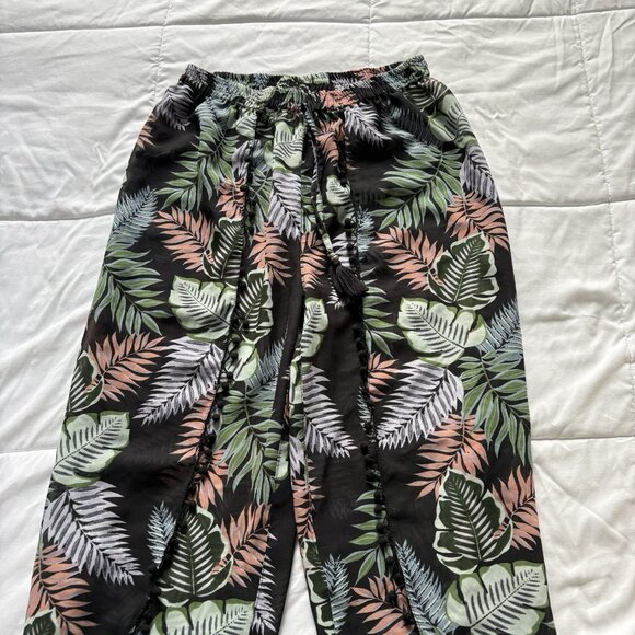 Womens Wide Leg Floral Tropical Beach Summer Cover Up Flowy Drawstring Green - Picture 9 of 10